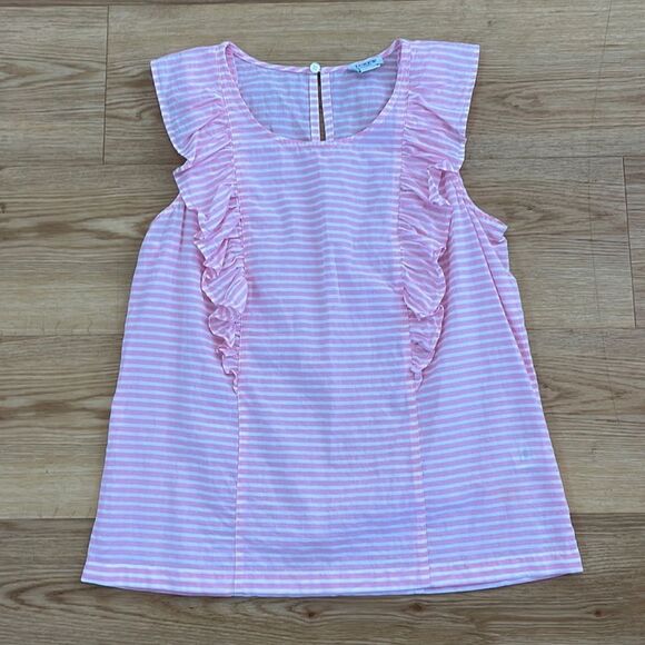 J. Crew Pink and White Stripe Ruffle Top Blouse Size 00 - Picture 2 of 5